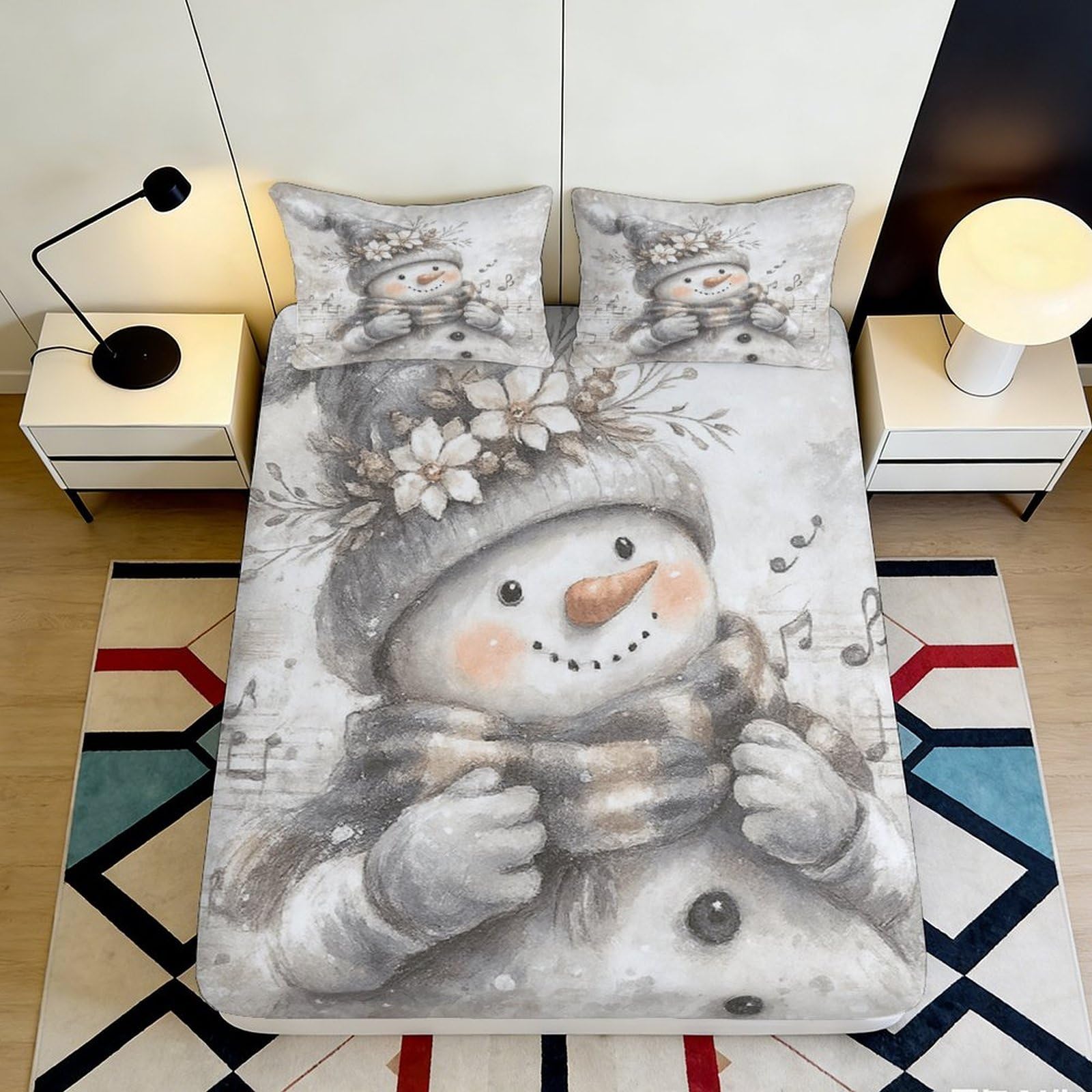 3D Printed Snowman Winter Fitted Sheet Microfiber Soft Anti-Slip Christmas Hat Bed Cover for Bedroom Guest Room Decor 140x200x25cm