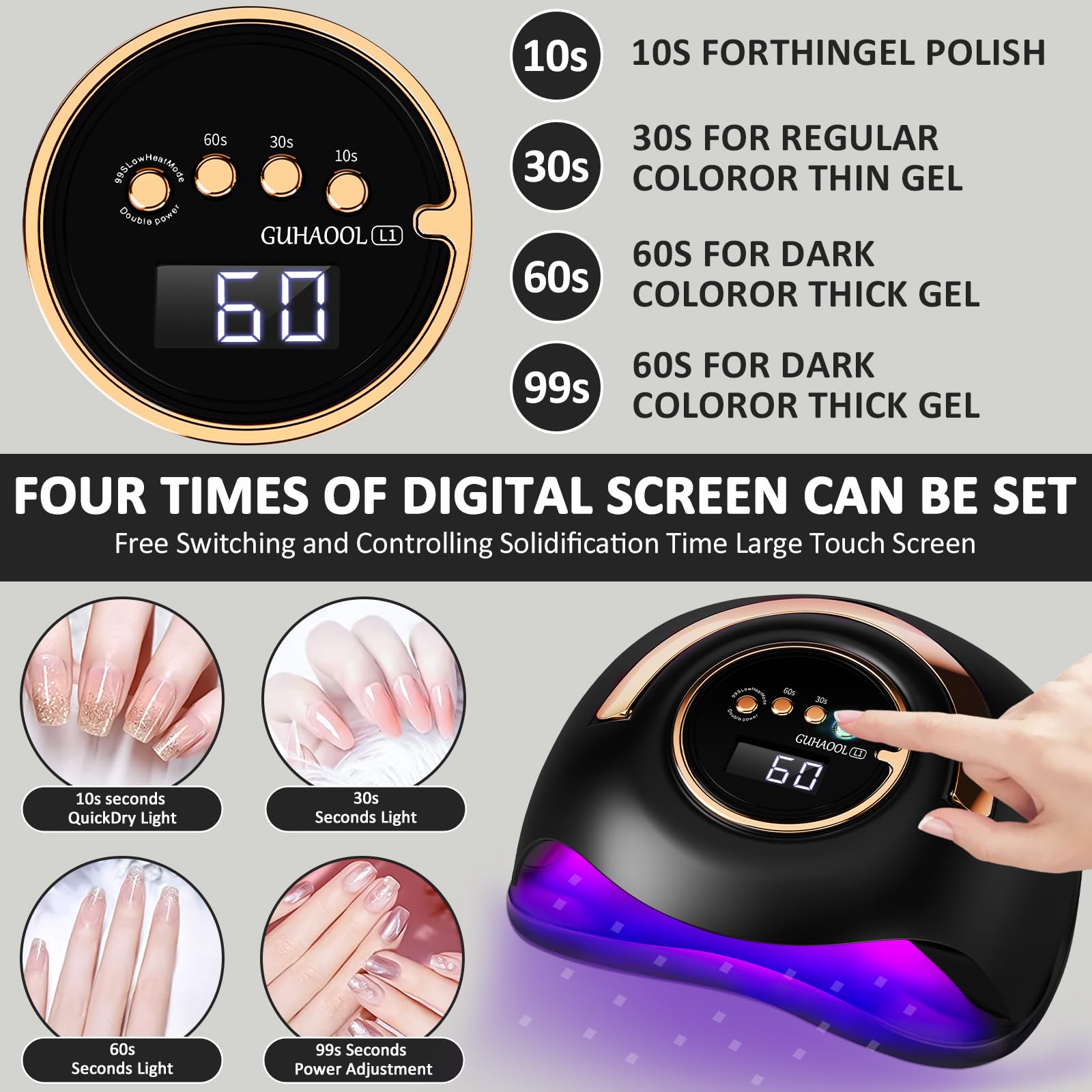Lampada Unghie UV LED, 180W Fornetto Unghie Può Curare Rapidamente, con 4 Timer 10s/30s/60s/99s,Sensore Di Avvio Automatico, LCD Display Lampada per unghie per Gel Nail Polish Light, Nero