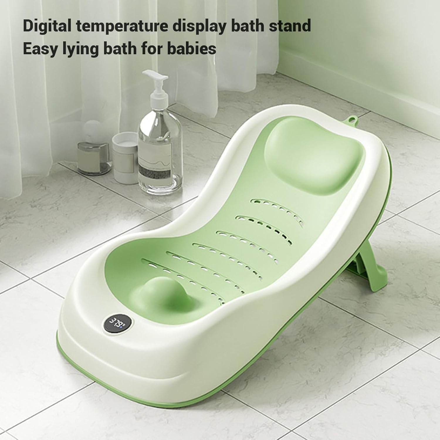 Baby Bath Support with Smart Temperature Sensing Technology, Soft and Supportive Design, Compatible with Most Baby Tubs, Anti Slip Bottom, Easily Foldable (Green)