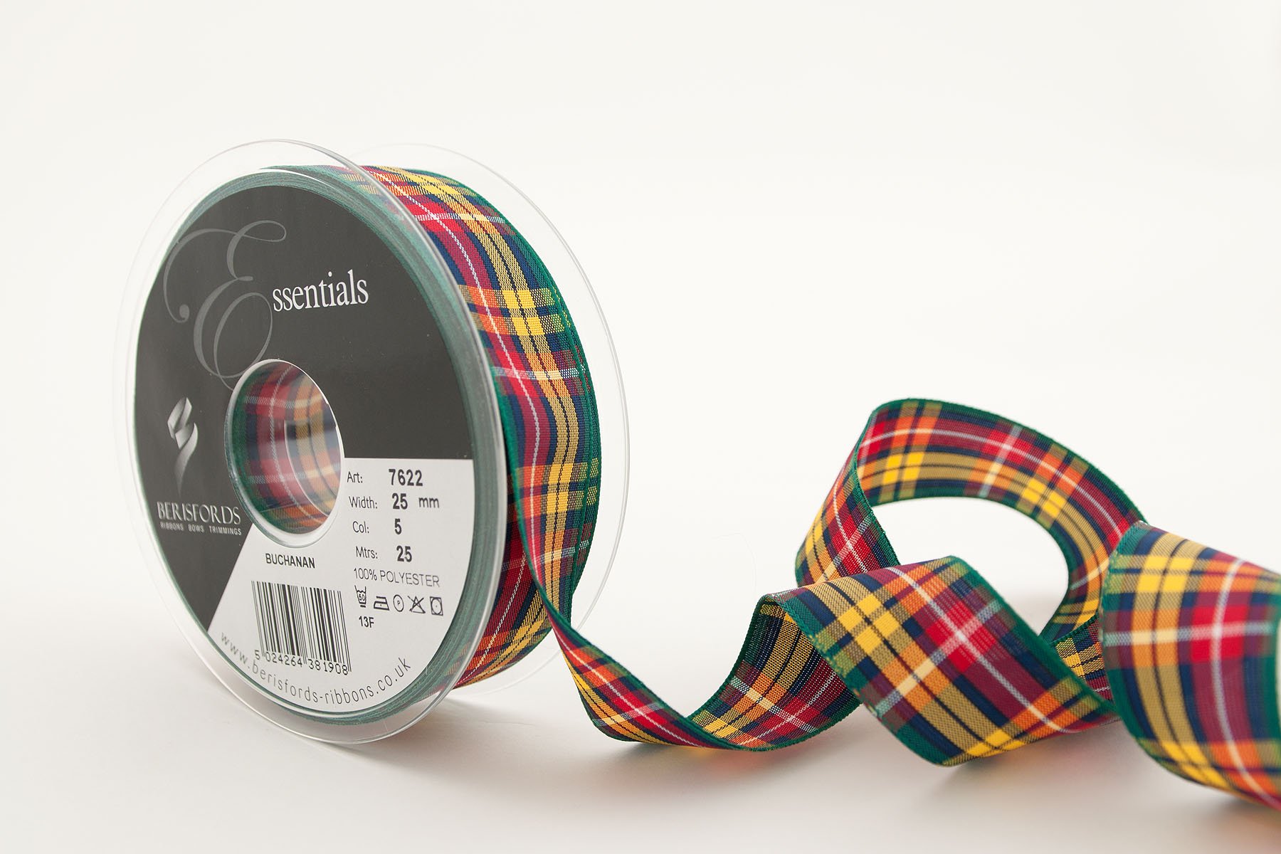 Berisfords Reel of Tartan Ribbon, Buchanan, 25mm wide x 25m long