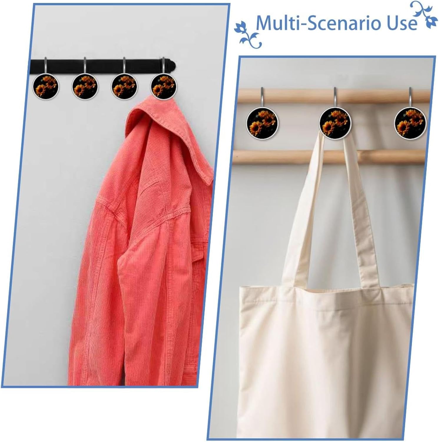 12 Pack Sunflower Flowers Dark Color Background (1) Shower Curtain Hooks Rings, Durable Shower Hooks for Liner, Shower Rings for Curtain and Bathroom Shower Rod