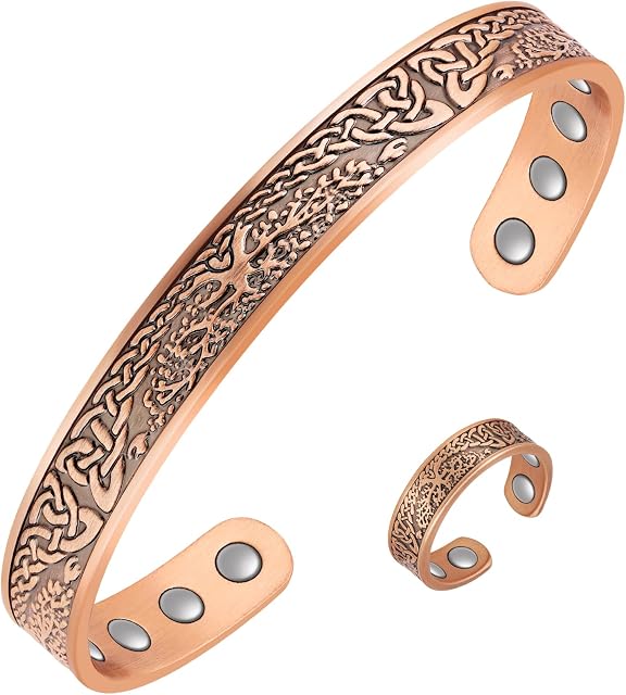 Jecanori Copper Magnetic Bracelets for Men Women,Tree of Life Pattern Solid Copper Brazaletes with 12pcs Ultra Strong Magnets,Adjustable Size Cuff Bangle with Jewelry Gift Box