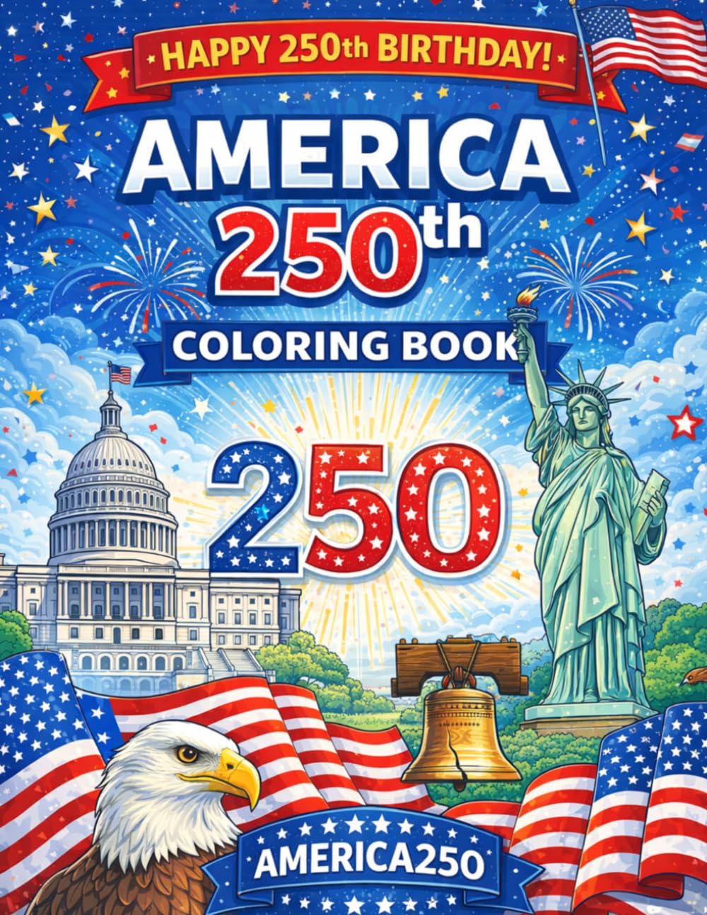 America 250th Birthday Coloring Book: Patriotic Coloring Book for Kids and Adults: 30 Unique Designs to Celebrate America's 250th Anniversary