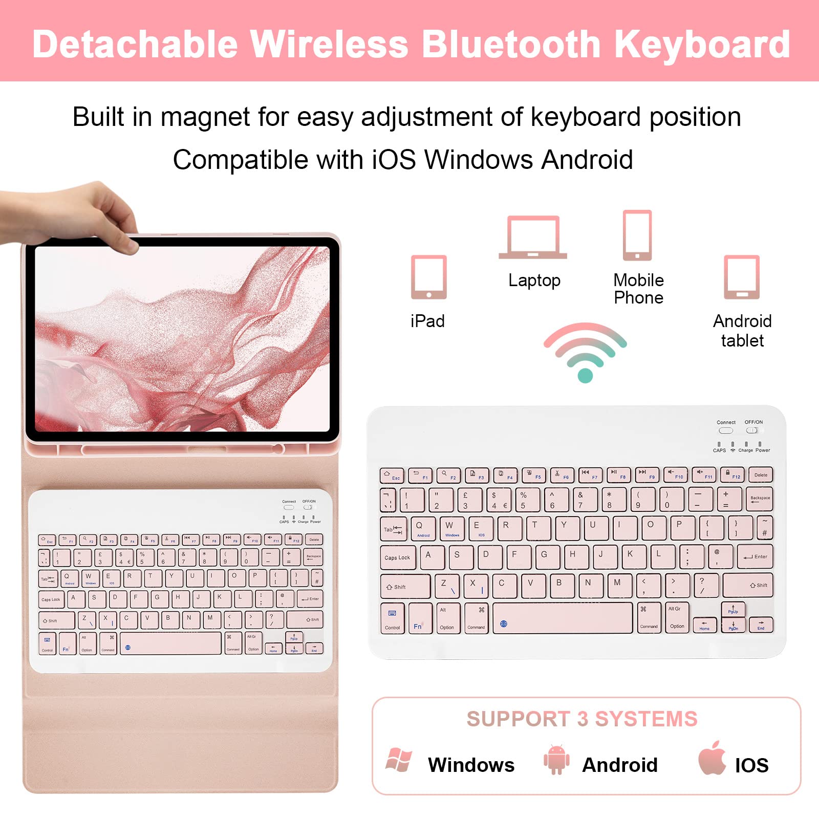 SOPPY Custodia per Tastiera Samsung Galaxy Tab S8 S7, Layout UK, Custodia Sottile con Tastiera Staccabile per Galaxy Tab S8 (SM-X700/X706 2022), Tab S7 (SM-T870/T875/T876 2020) da 11", Rosa