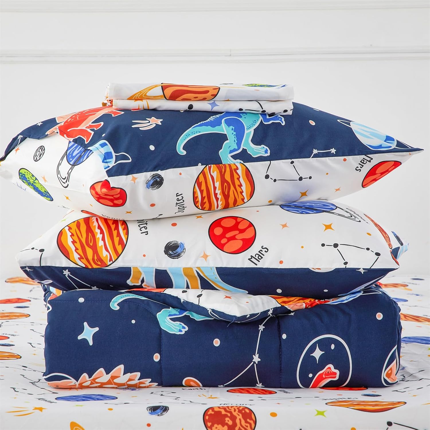 NTBED Dinosaur Kids Comforter Set Twin Size 5 Pieces Bed in A Bag for Boys Girls,Glow in The Dark Space Planet Bedding Set with Sheet - Image 7