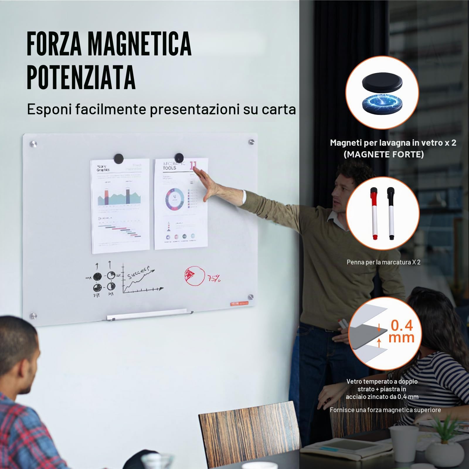 VEVOR Lavagna magnetica in vetro cancellabile a secco 90 x 60 cm, Lavagna per promemoria da parete, Vassoio per pennarelli, per Ufficio scuola ristorante casa