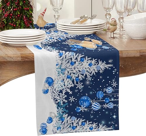 Miniatura 2 de Camino de mesa de lino y algodón de Feliz Navidad, bola de Navidad azul, árbol de Navidad, copos de nieve, caminos de mesa de Navidad para mesa de