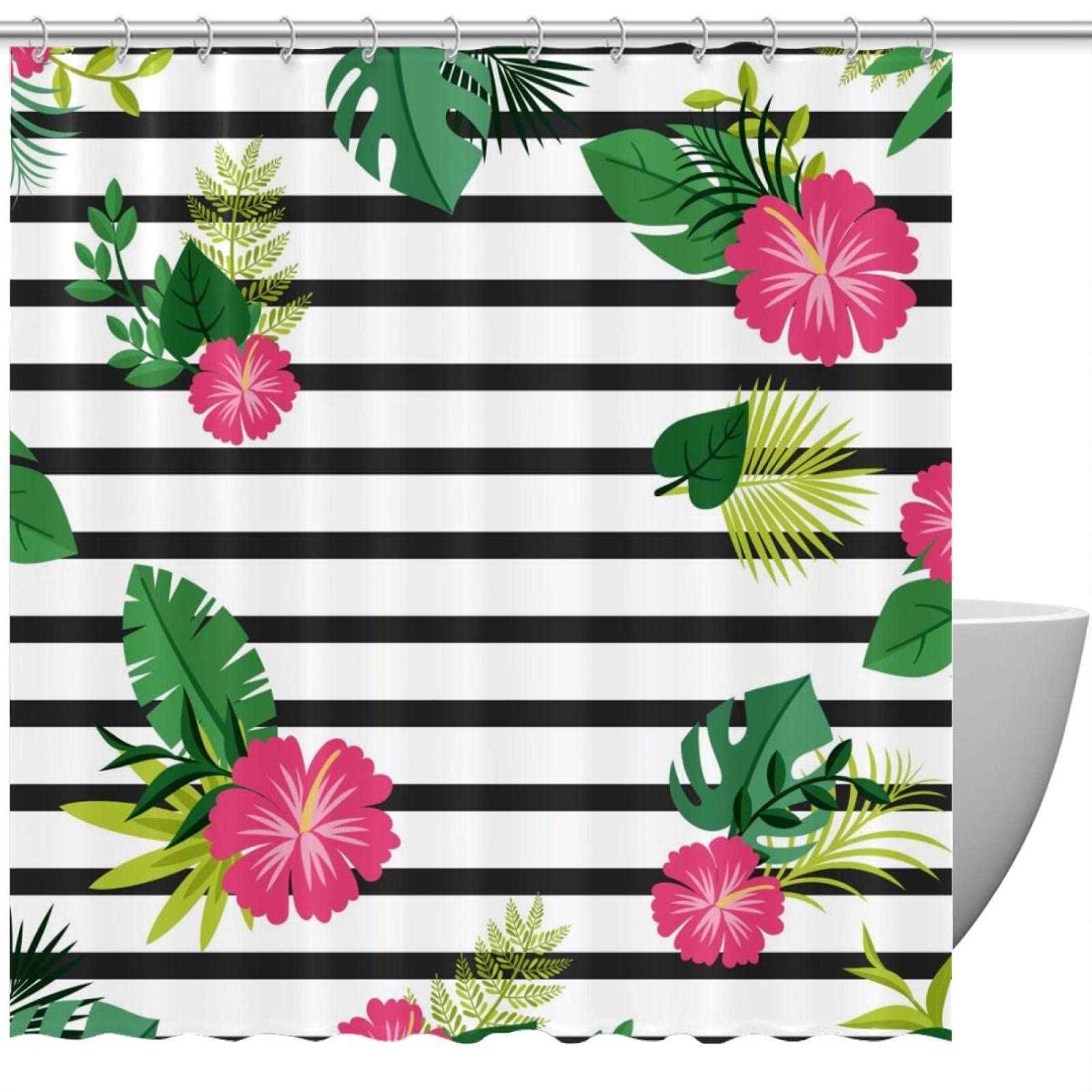 Rideau de douche à rayures et feuilles tropicales Rsoy finition luxe