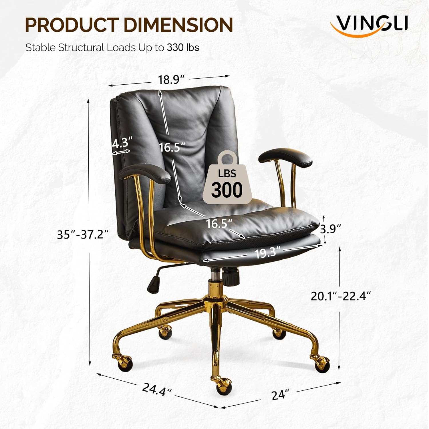 Detailed product dimensions of the VINGLI office chair, showing height, width, and depth measurements.