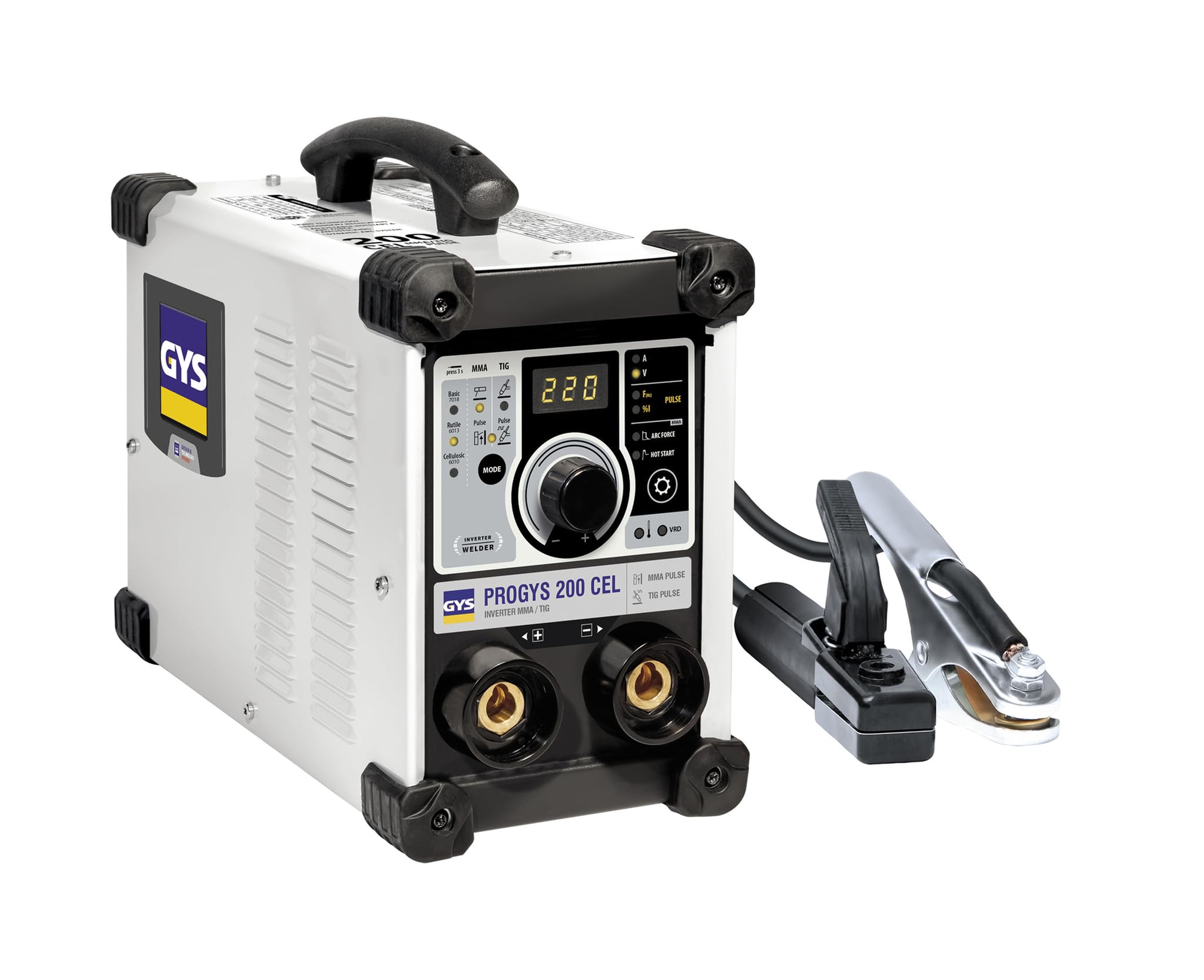 GYS, PROGYS 200 CEL, Poste à Souder à l'Électrode Enrobée 200A Monophasé 230V (MMA), TIG DC Lift & MMA Pulsé, Digital, Arc Force, Antisticking, Hot Start, Avec Porte-électrode, Câble de Masse