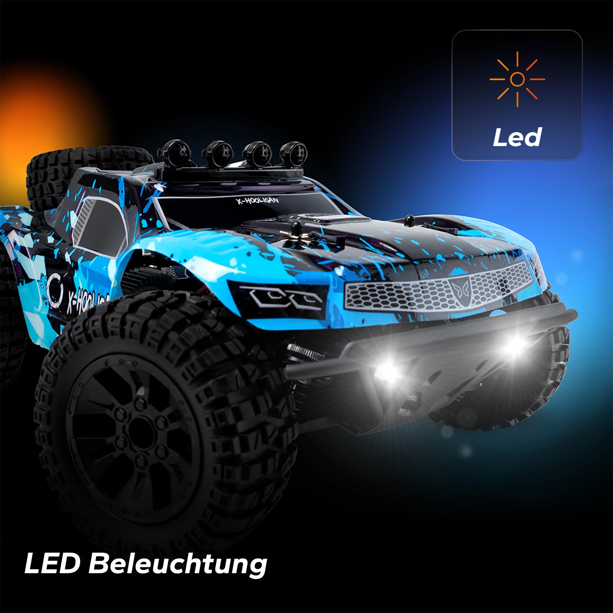Overmax Hooligan RC Auto 1:10, 35 km/h 4WD, 100 m Reichweite, 2×1800 mAh Akku/40 Min, IPX5, 10 cm Reifen, LED, Metallantrieb | Akku/40 Min, IPX5, 10 cm Reifen, LED, Metallantrieb