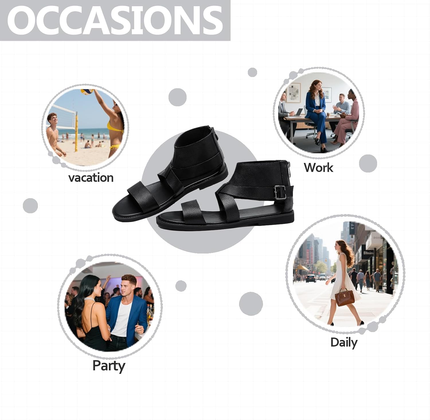 Mens Leather Gladiator Flat Sandals Comfortable Adjustable Ankle Strap Buckle Easy On-Off Back Zip Non-Slip Roman Mid Top Greek Beach Sandals For Outdoor Walking