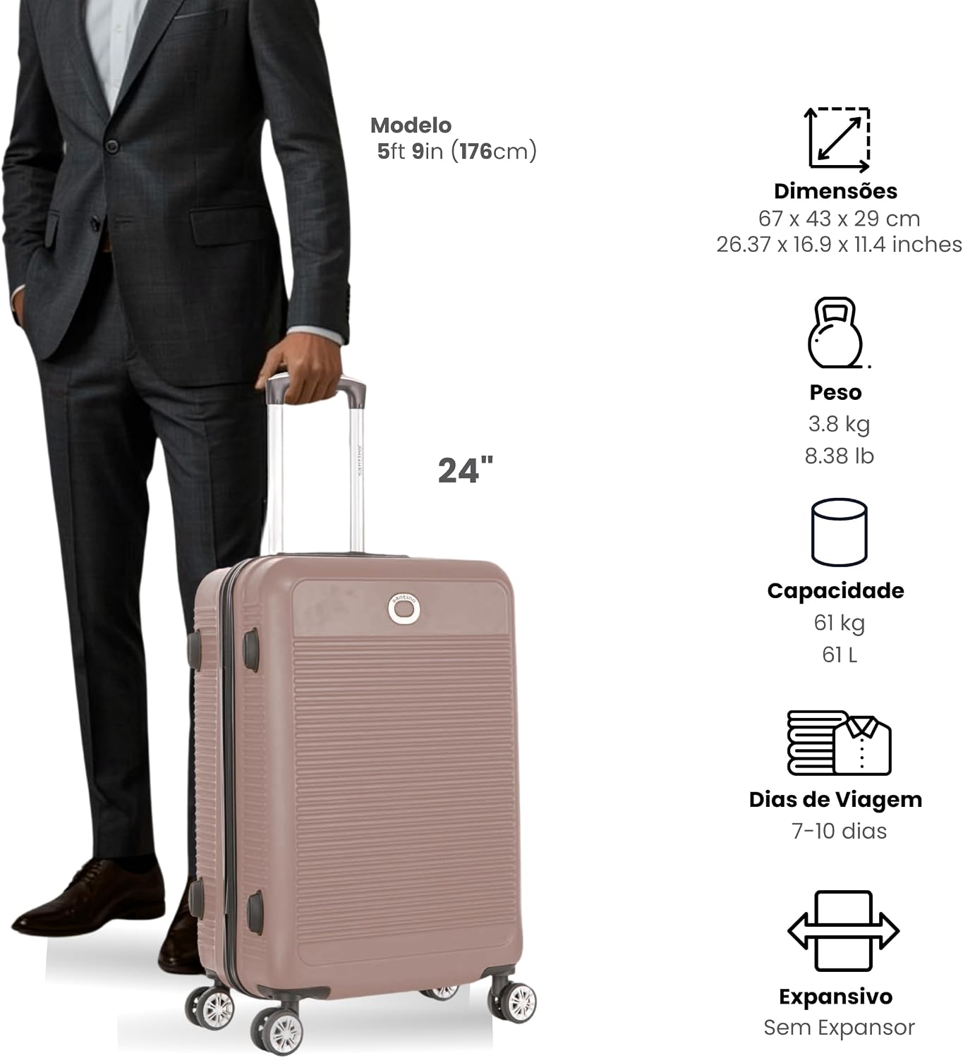 SANTINO Mala de Viagem Media 23kg Rígida ABS 4 Rodas 360º com Segredo Leve Resistente Flexível Antifurto Rosa tamanho 24 polegadas SANTINO Mala de Viagem Media 23kg Rígida ABS 4 Rodas 360º com Segredo Leve Resistente Flexível Antifurto Rosa tamanho 24 polegadas