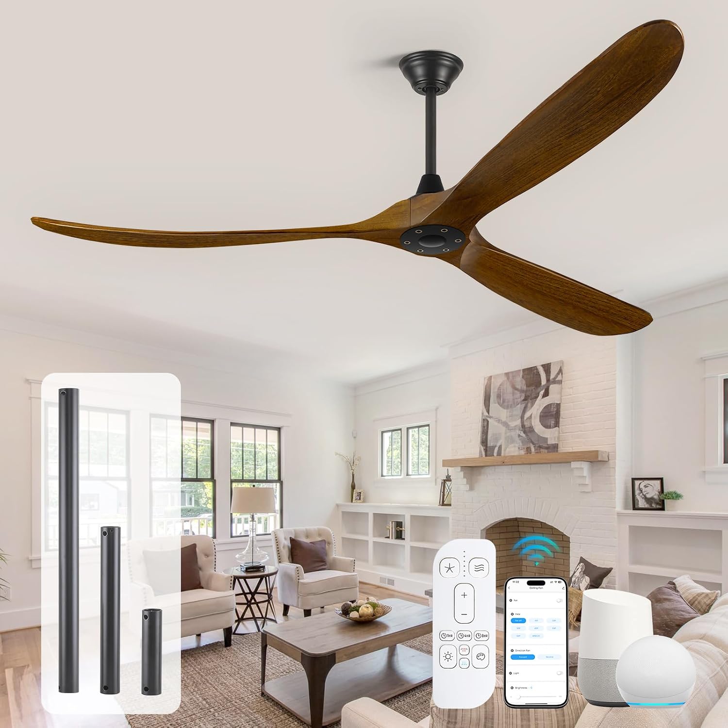 70 Inch Wood Ceiling Fans No Light, Large Outdoor Ceiling Fan without Light 3 Blades Propeller, Modern Smart Fan with Remote/App Control, Quiet Reversible DC Motor for Home or Commercial