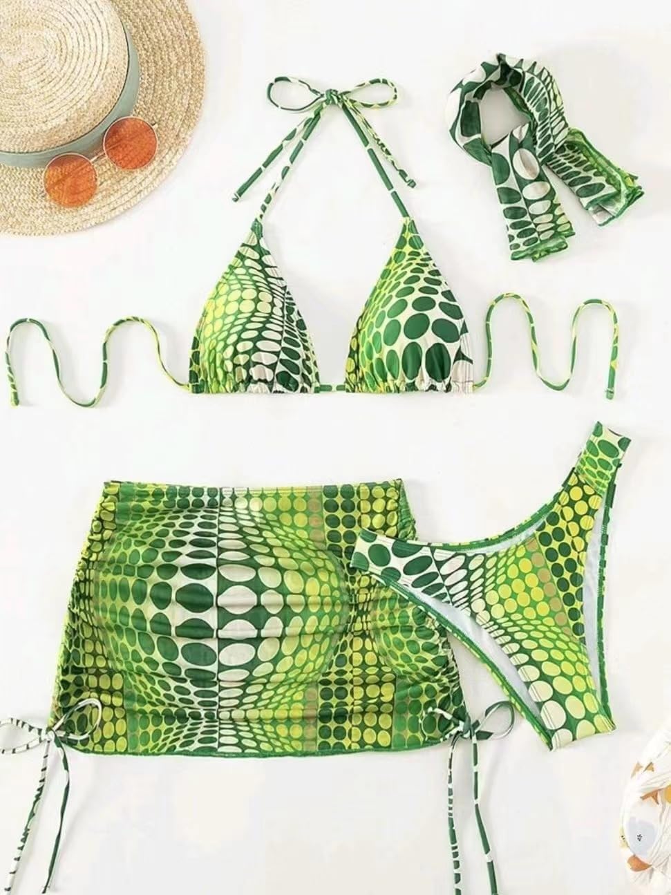 Women's 4 Piece Swimsuits Sexy Printed Bikini Sets Halter Triangle Bathing Suit with Mesh Cover Up Beach Skirt