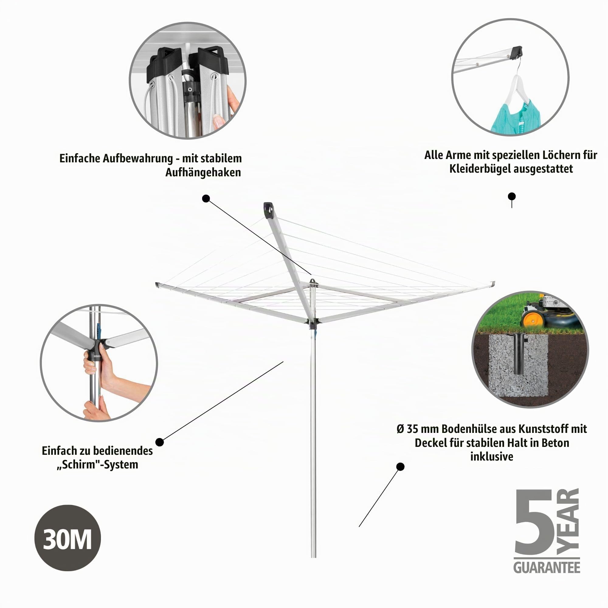 Brabantia - Essential Wäschespinne - Regenschirm'-System - UV-beständige Wäscheleine, 30 m - Kein Durchhängen - Auch für Kleiderbügel - Stabile Aufhängeöse - Metallic Grey - ø 271cm