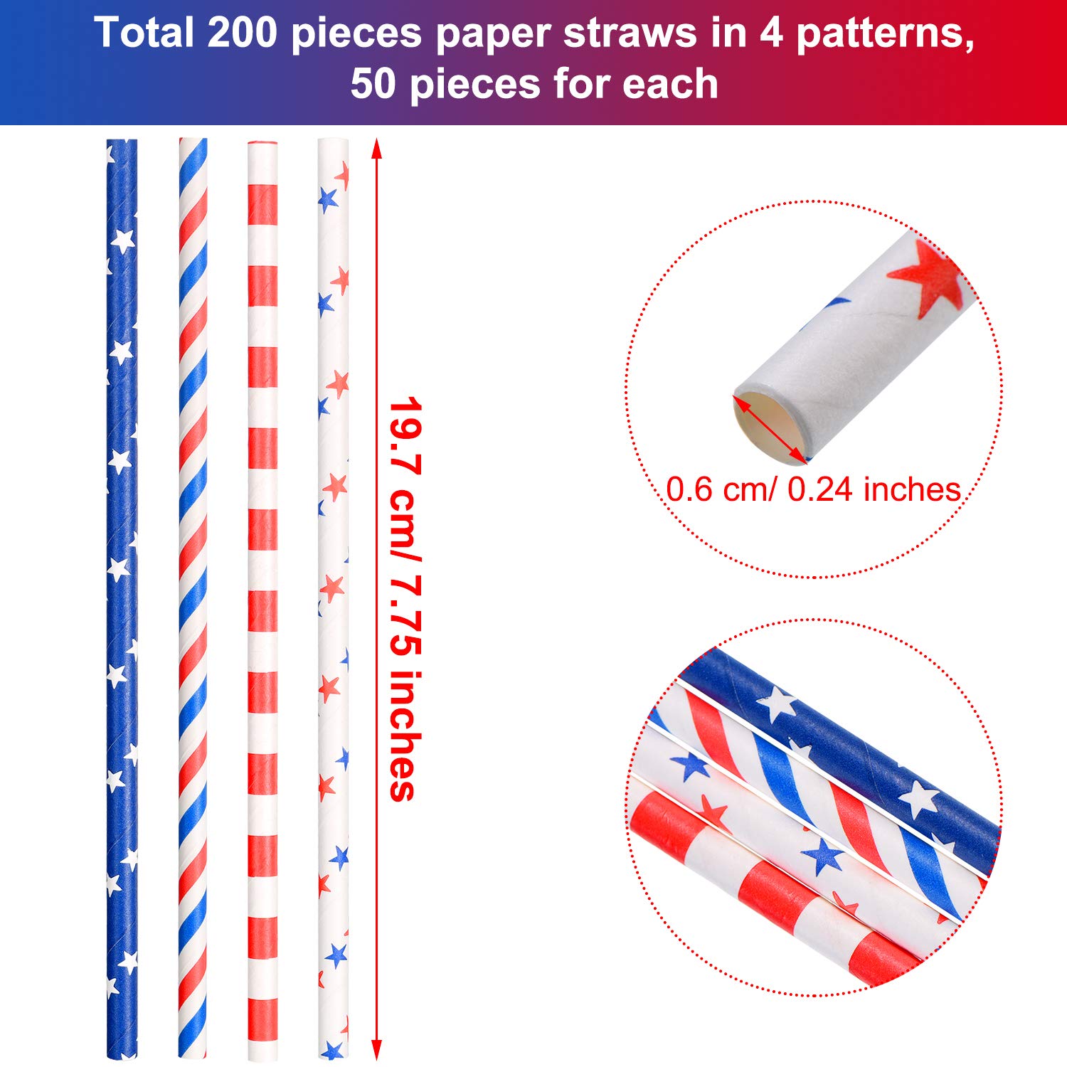 Cannucce di carta con bandiera americana, 200 pezzi, cannucce di carta rosse e blu, per giorno dell'indipendenza, commemorativo di 4a celebrazione di luglio