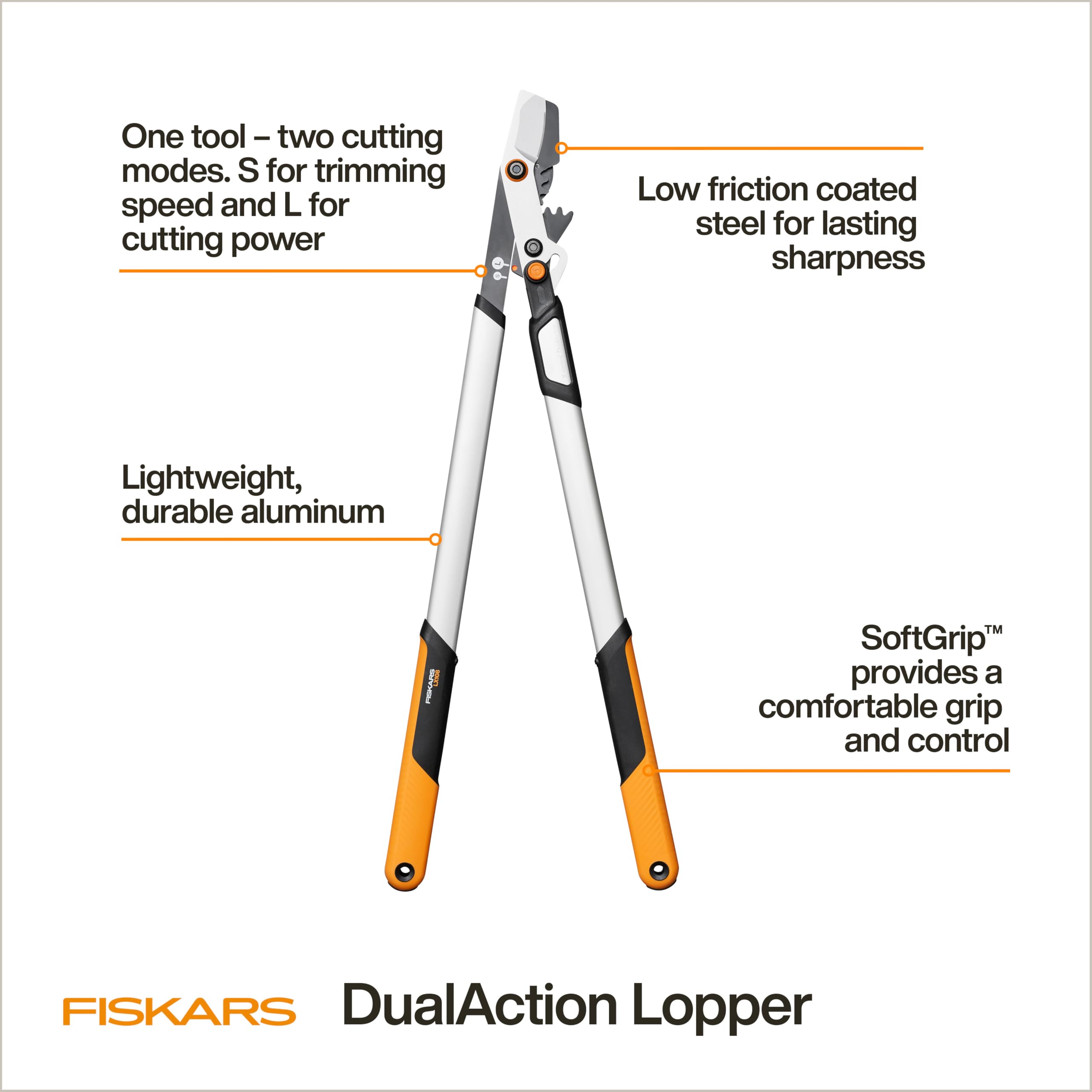 Fiskars DualAction Astschere, 2-in-1-Astschere mit Dual-Schneidmodi, S-Modus für präzise Scheren für Stiele, L-Modus für Kraft durch Äste, reibungsarme Stahlklinge, 5,1 cm Schnittkapazität