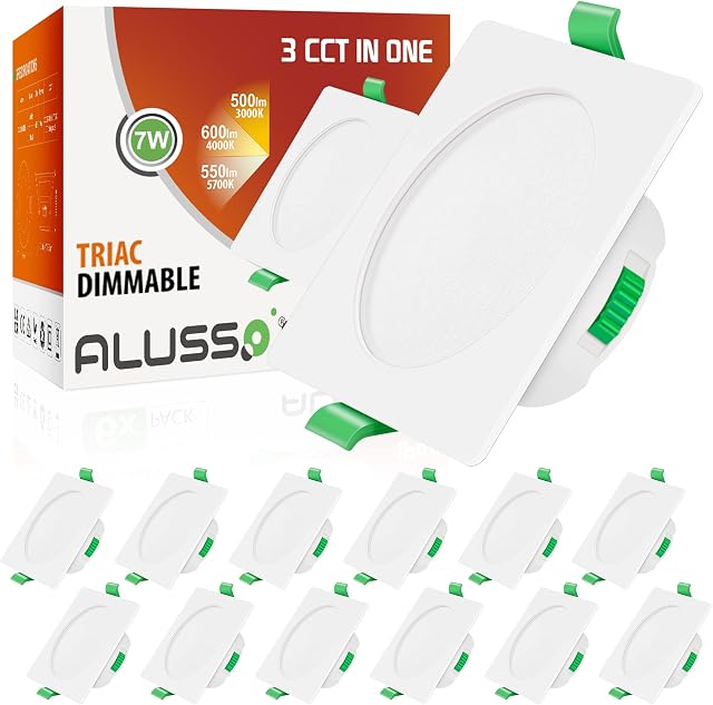 ALUSSO Square LED Downlights Ceiling Dimmable 7W Ultra Slim LED Recessed Ceiling Lights IP44 Bathroom Spotlights Ceiling Lights, 3000K 4000K 6500K Adjustable LED Ceiling Down Lights White, 12 Pack
