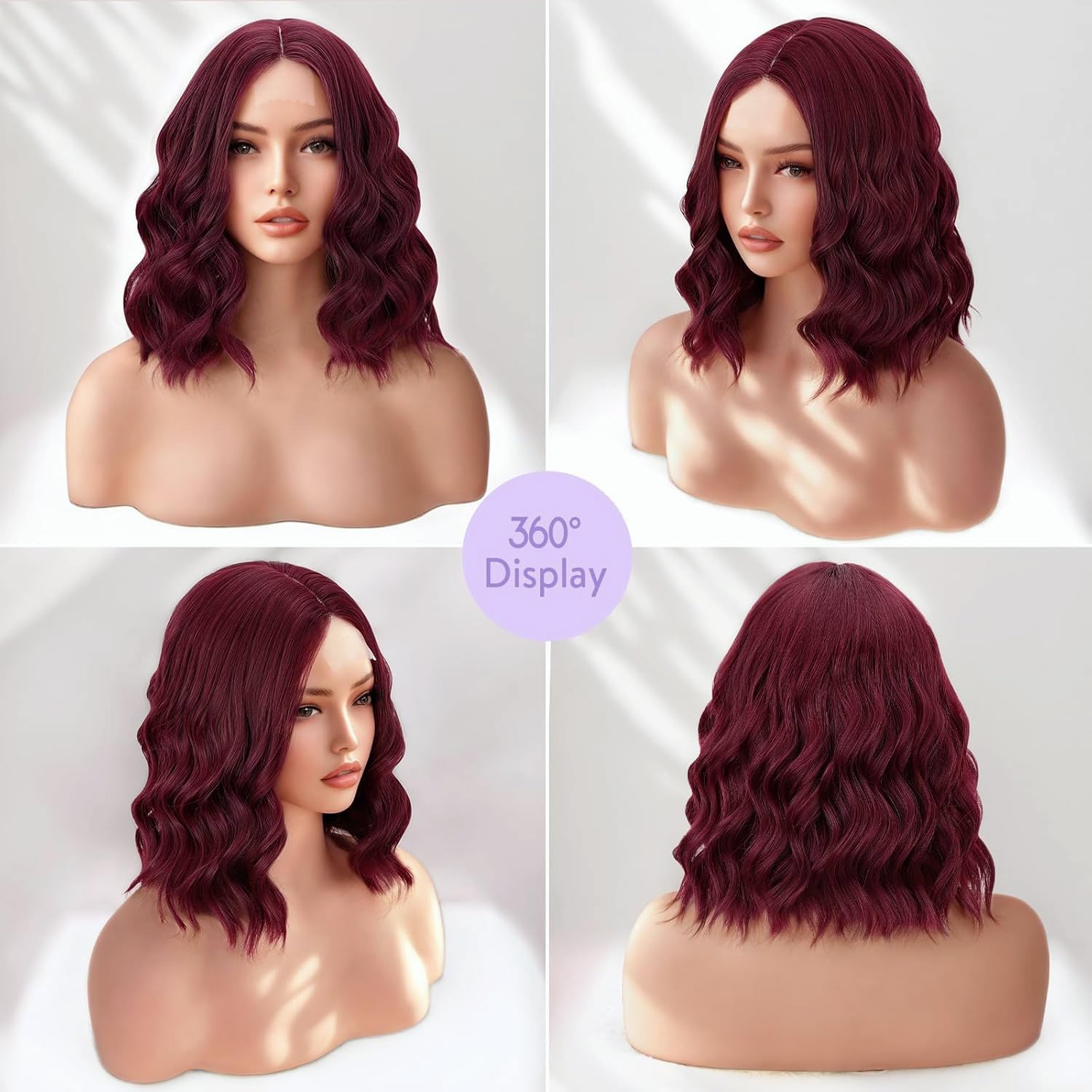 PORSMEER Short Burgundy Wavy Bob Wig with Natural Lace Middle Parting,Shoulder Length Synthetic Hair Wig Realistic Looking Wigs for Daily Party Use 14”,Dark Red - Image 2