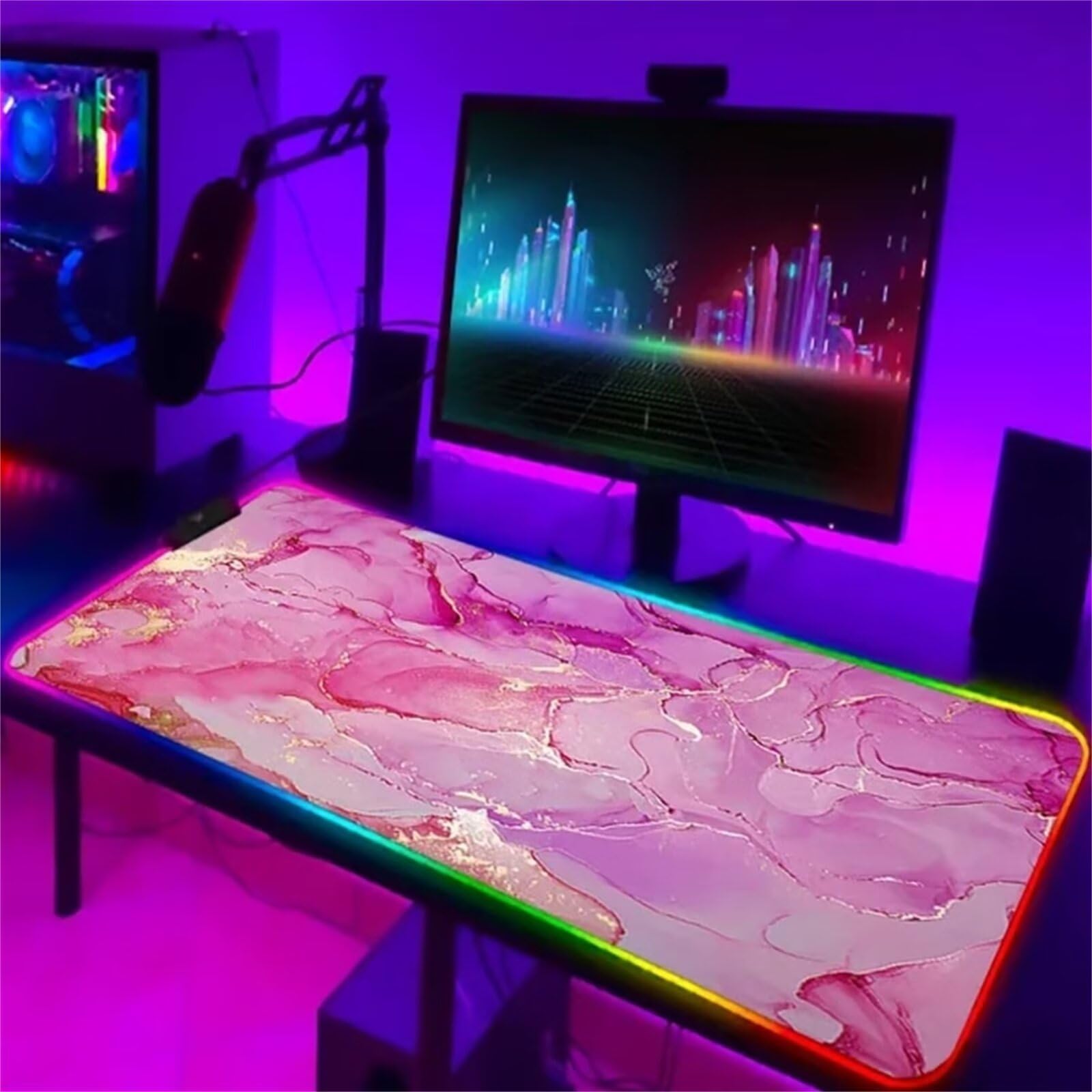 Tappetino per Mouse RGB XXL Grande Tappetino per Mouse da Gioco LED Marmo Rosa 900x400x4mm con 14 Modalità di Illuminazione e Base in Gomma Antiscivolo per Giochi Lavoro e Studio
