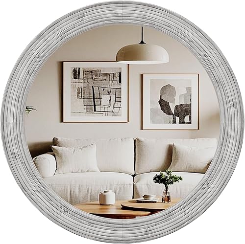 Miniatura 12 de ULIKE Espejo redondo de madera de 24 pulgadas, espejo de pared circular asimétrico con marco de madera, espejo decorativo para montar en la pared Un