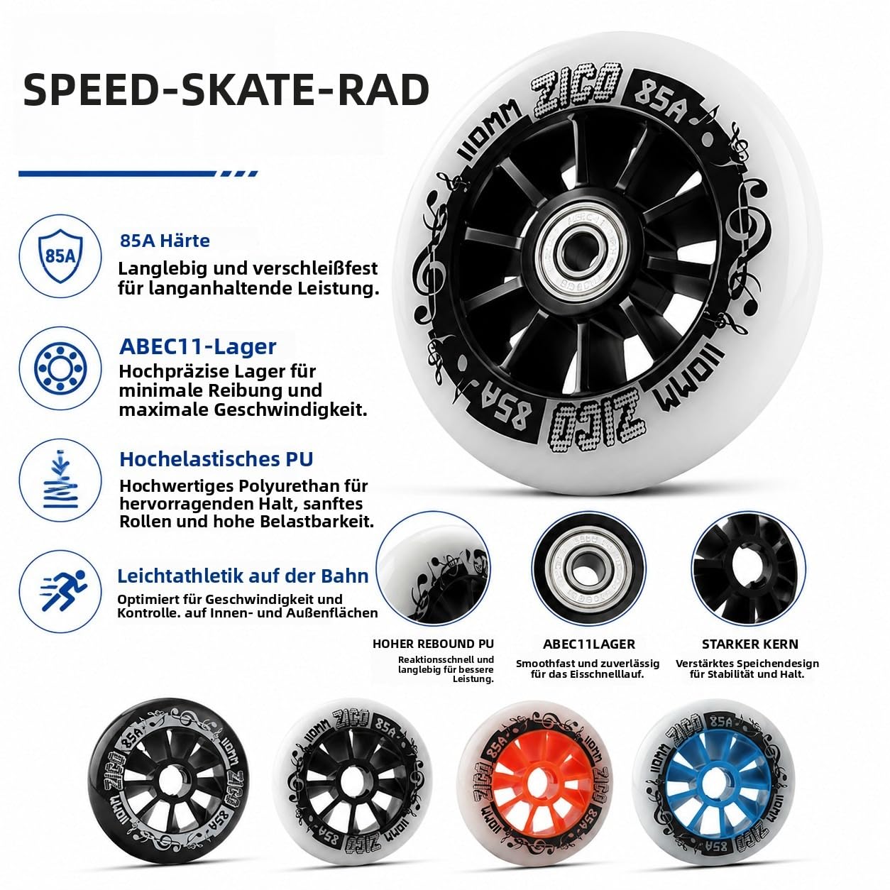 Speed Inline Skate Rollen 6er 90mm 100mm 110mm Ersatzrollen für Inliner mit ABEC11 Hochgeschwindigkeits-Kugellagern, 85A PU Rollen, Verschleißfest für Outdoor Straße, Bahn, Skating (White,90mm)