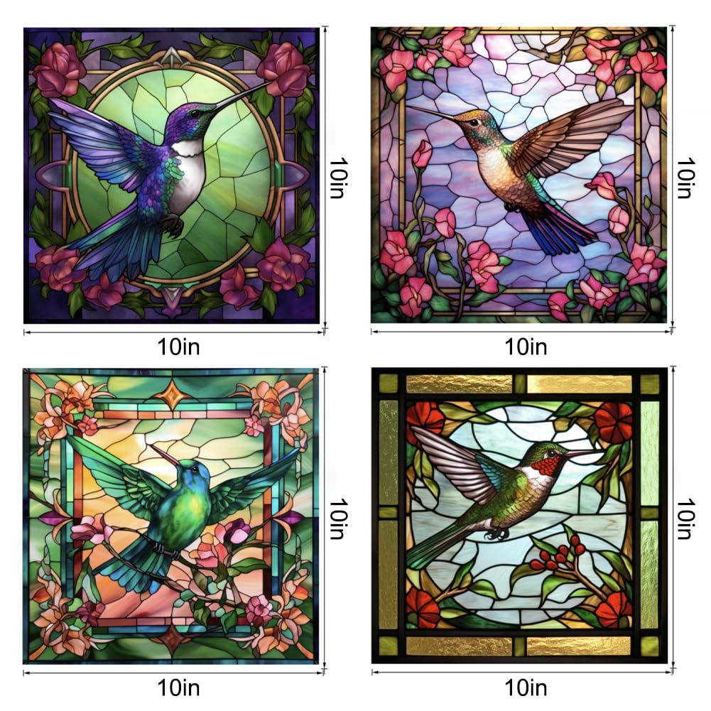 4 Stained Glass Anti-Collision Hummingbird Window Clings Decals - Removable Non Adhesive Vinyl Decals