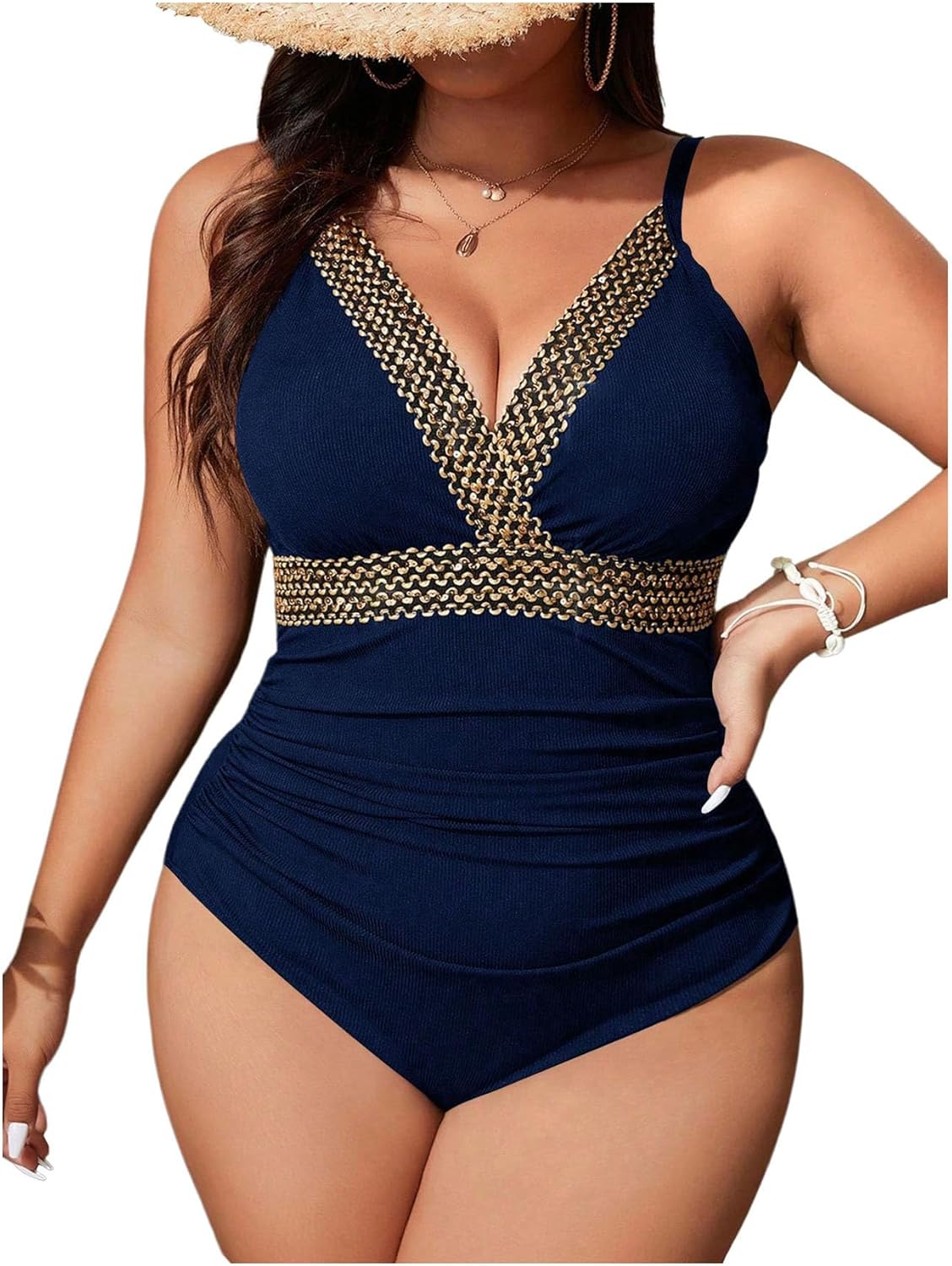 Floerns Women's Plus Size One Piece Swimsuit Ribbed Knit Patchwork Ruched Beachwear