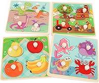 SloticDirect Wooden Peg Puzzles for Toddlers 1-3: 4pc Educational Set - Farm, Dinosaur, Fruit, Ocean Animals - Safe Preschool Toys for Boys & Girls