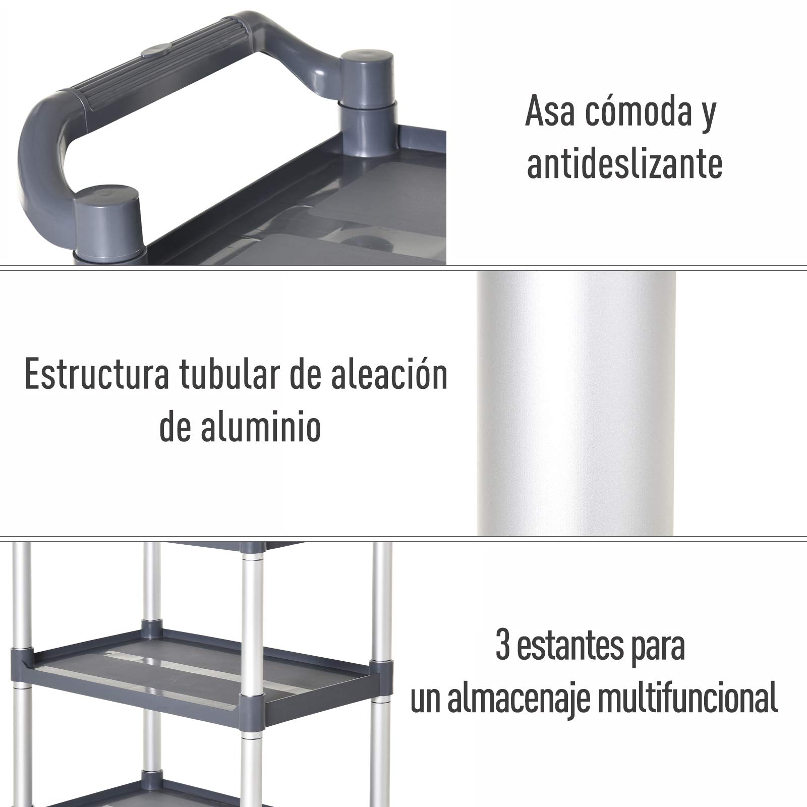 HOMCOM Carrello da cucina in lega di alluminio con ruote Carrello da cucina a 3 livelli Carrello portaoggetti carico 105 kg per Sala da pranzo Bagno 88x44x93 cm Grigio