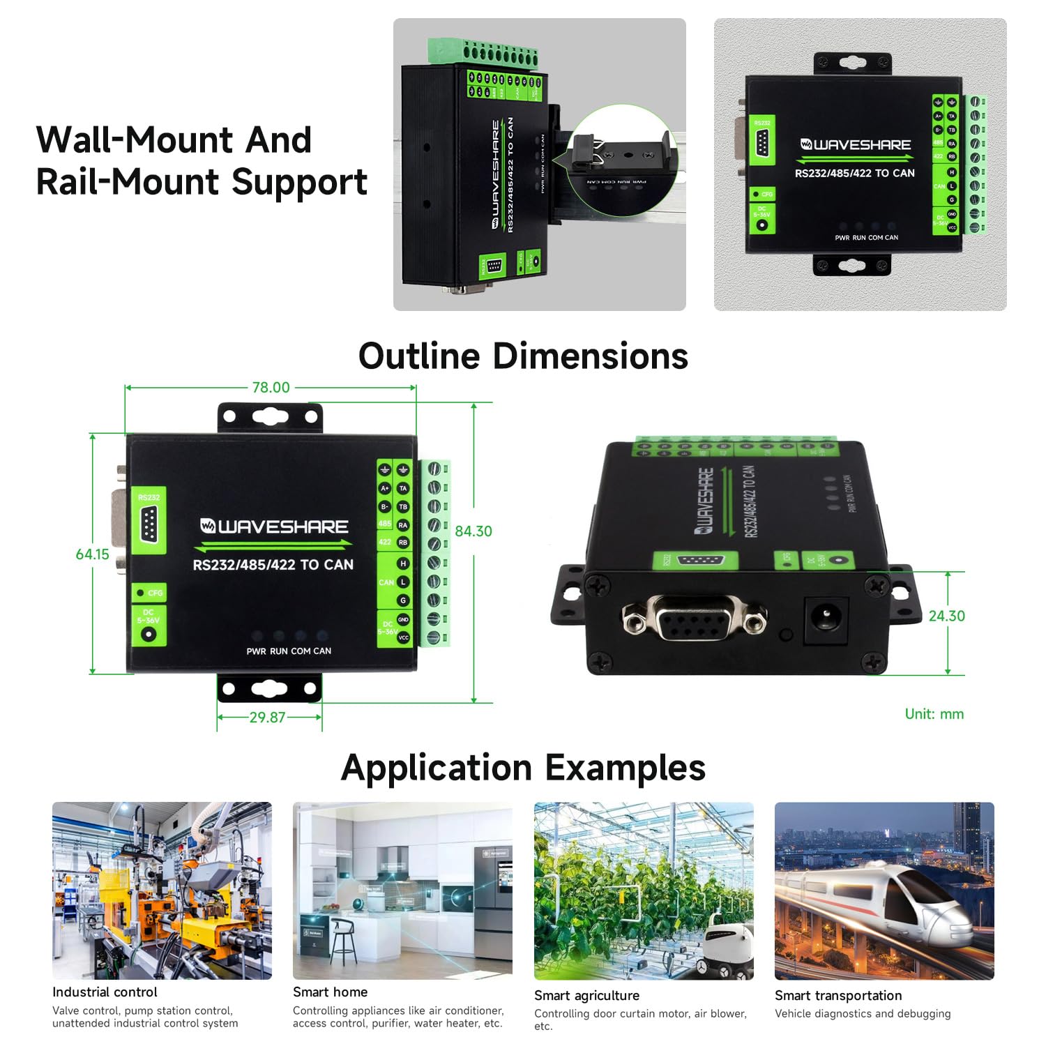 Waveshare RS232/485/422 to Can Industrial Isolated Converter, Supports Modbus RTU Conversion, Multiple Protection Circuits