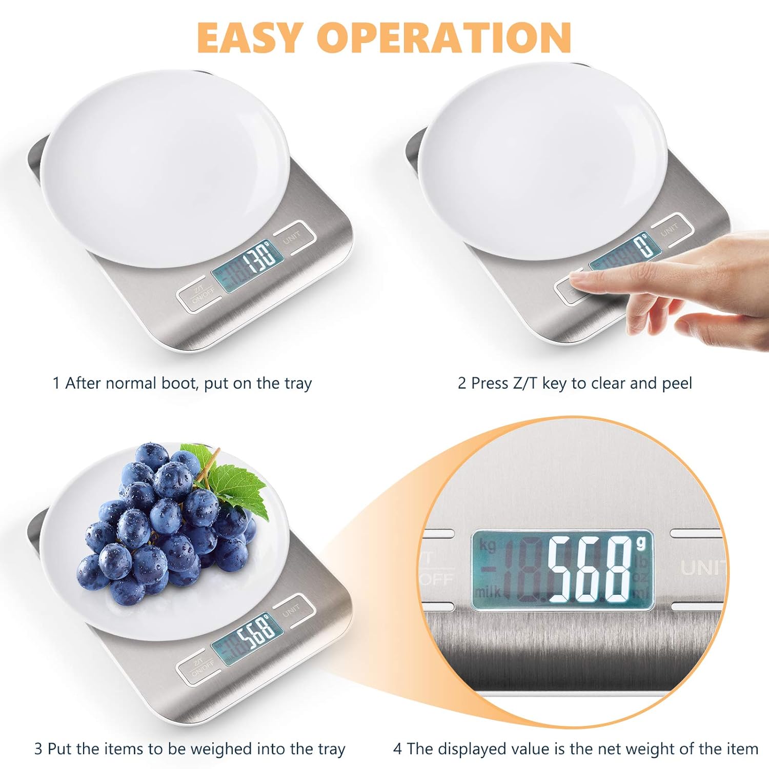 Four-step diagram showing how to use the kitchen scale: 1. Place an empty plate, 2. Press Z/T to tare, 3. Add food to the plate, 4. Read the net weight.