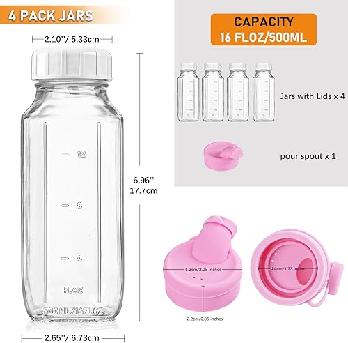 Miniatura 4 de Paquete de 4 botellas de leche de vidrio cuadradas de 16 onzas con una tapa dispensadora de silicona, botellas de jugo de vidrio con tapa hermética