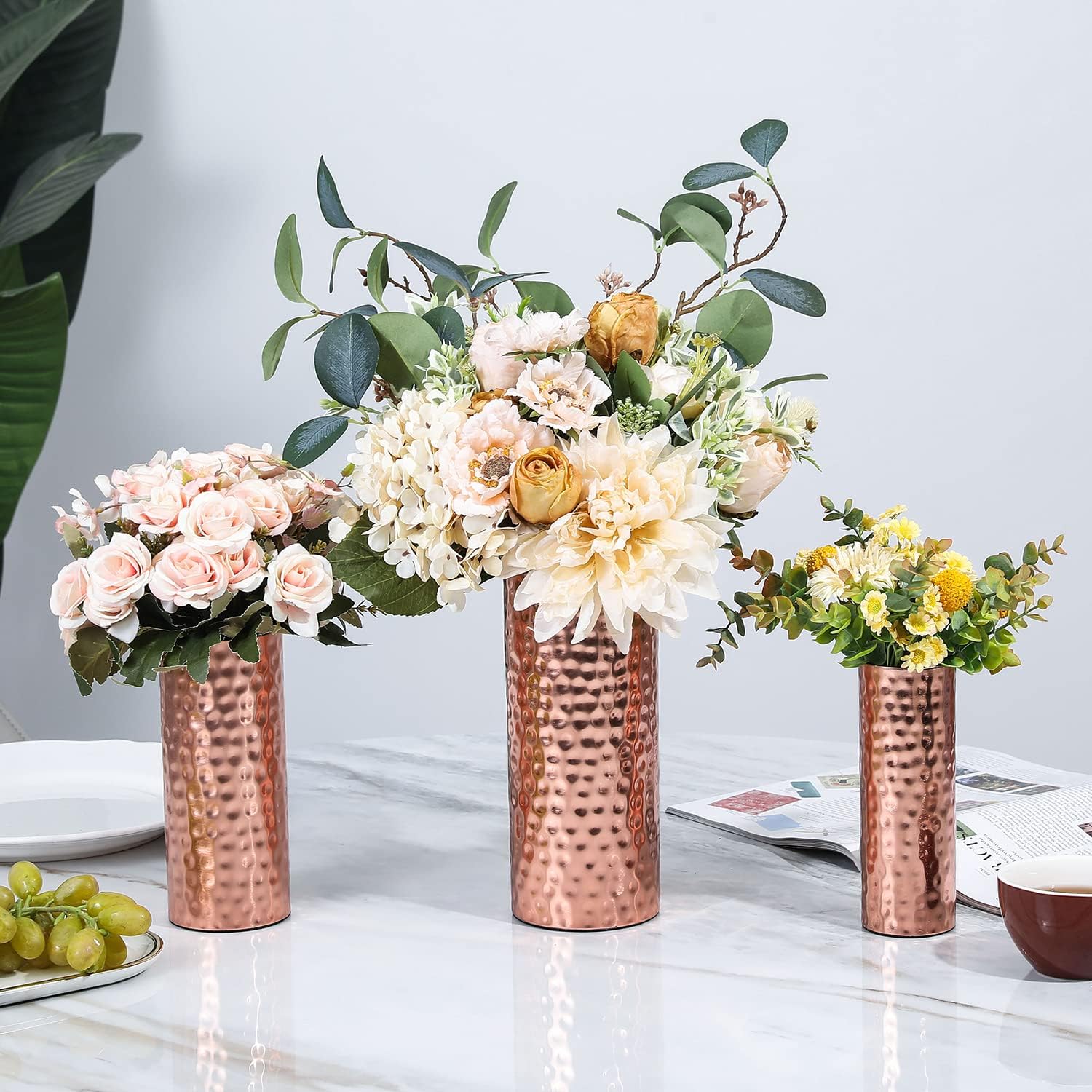 MyGift Modern Hammered Copper Tone Metal Tall Cylinder Flower Vases, Decorative Centerpiece, Set of 3 (Large, Medium, Small Sizes)