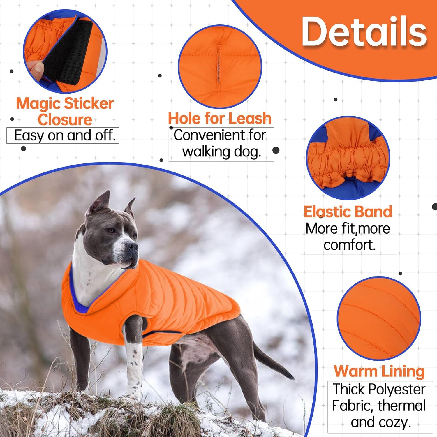 Lelepet Reversible Dog Coat Waterproof Dog Jacket Windproof Puffer Vest for Winter Warm Lightweight Coats for Large Dogs Adjustbale Hook & Loop Pet Apparel with Leash Hole, Pitbull, Orange, XL - Image 3
