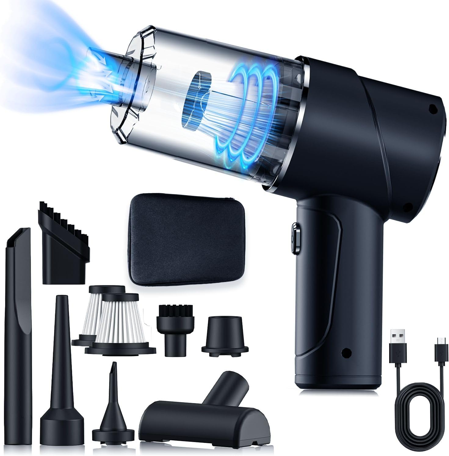 YULUOOCar Vacuum Cleaner, 4 in 1 16000PA High Power Brushless Mini Vacuum Cordless, 16000RPM Wireless Air Duster & Air Blower, Portable Vacuum Cleaner for Car, Home, Office, Pet