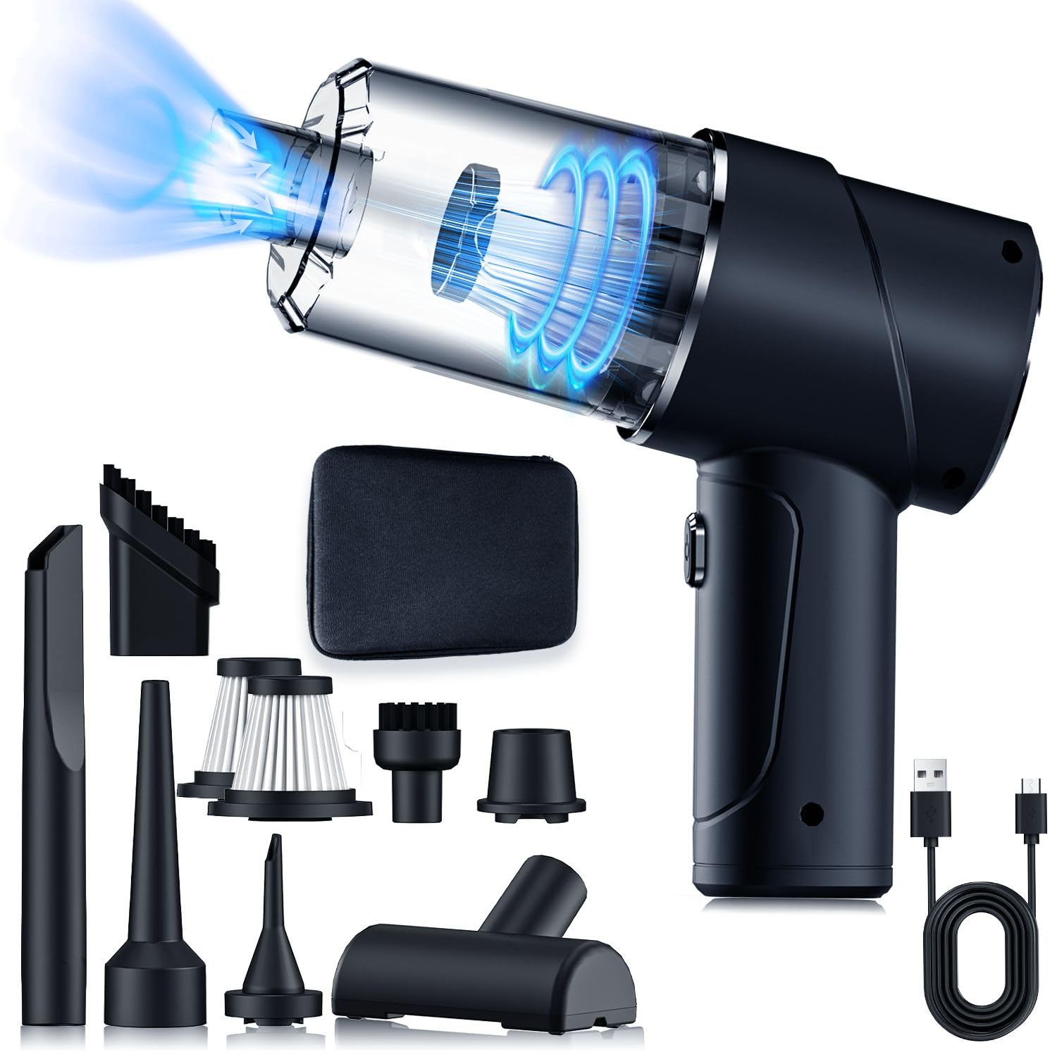 YULUOOCar Vacuum Cleaner, 4 in 1 16000PA High Power Brushless Mini Vacuum Cordless, 16000RPM Wireless Air Duster & Air Blower, Portable Vacuum Cleaner for Car, Home, Office, Pet