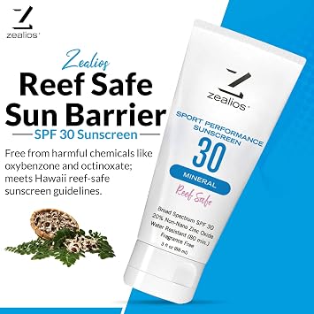 Zealios Sport Performance Mineral Reef Safe SPF 30 Sunscreen, 3 oz Tube, Water & Sweat Resistant (80 min) Non-Greasy, 20% Non-Nano Zinc Oxide, for Running, Cycling, Swimming