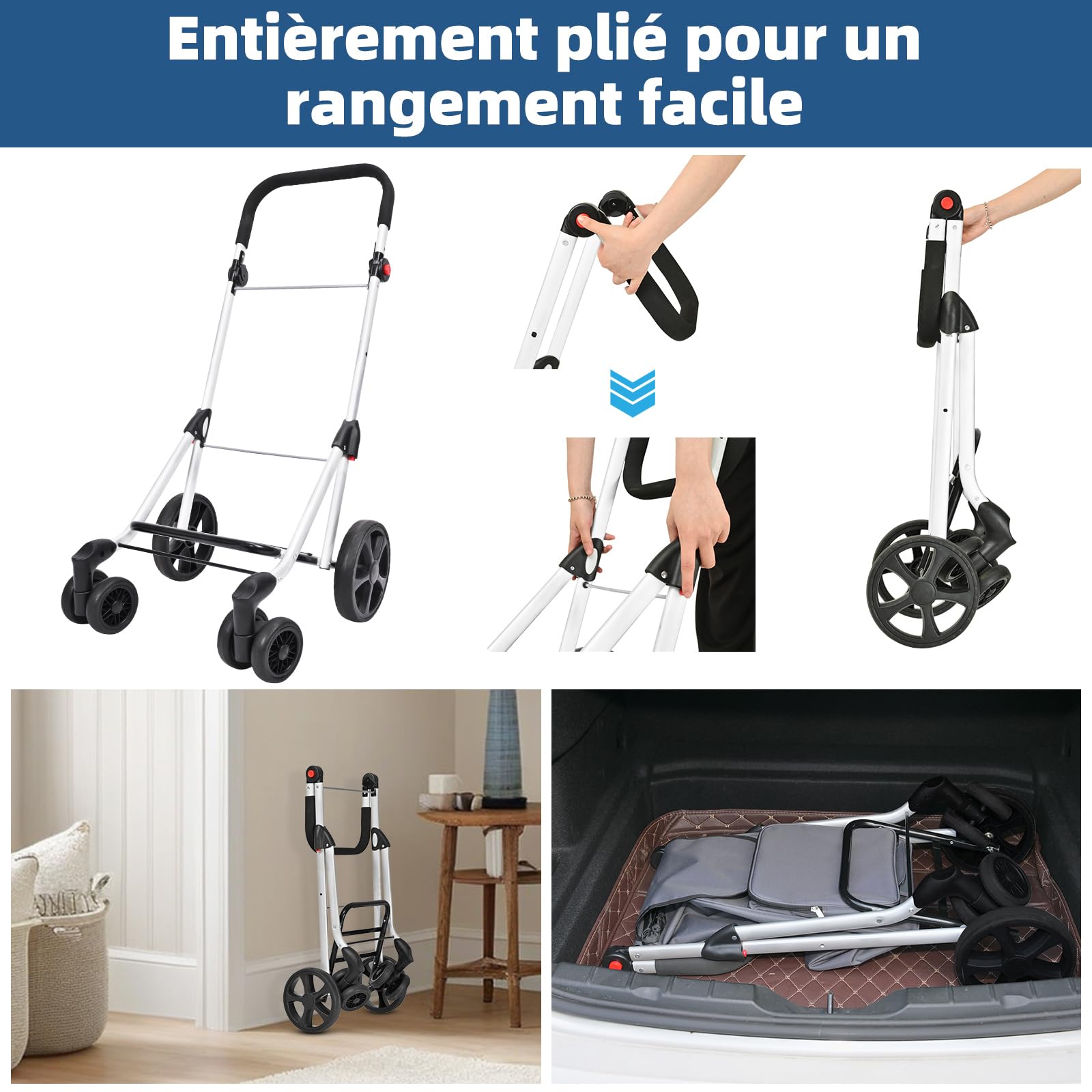LEUYA Chariot de Courses Pliable 6 Roues Monte-Escalier, Panier en Aluminium 45L avec Sac Isotherme 8L, Caddie de Marché, Charge Max 25kg, Noir