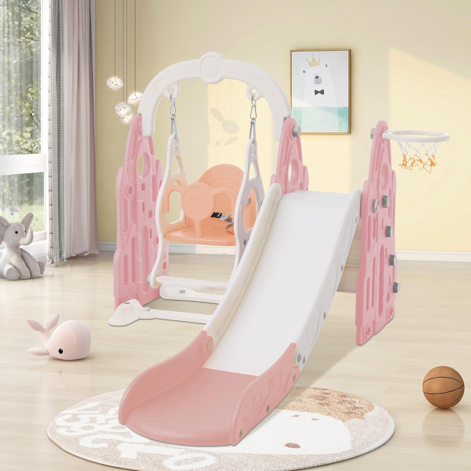 4 in 1 Toddler Slide Swing Set Freestanding Slide Climber Playset with Basketball Hoop Indoor Outdoor Playground Equipment for Kids Gifts Pink+White