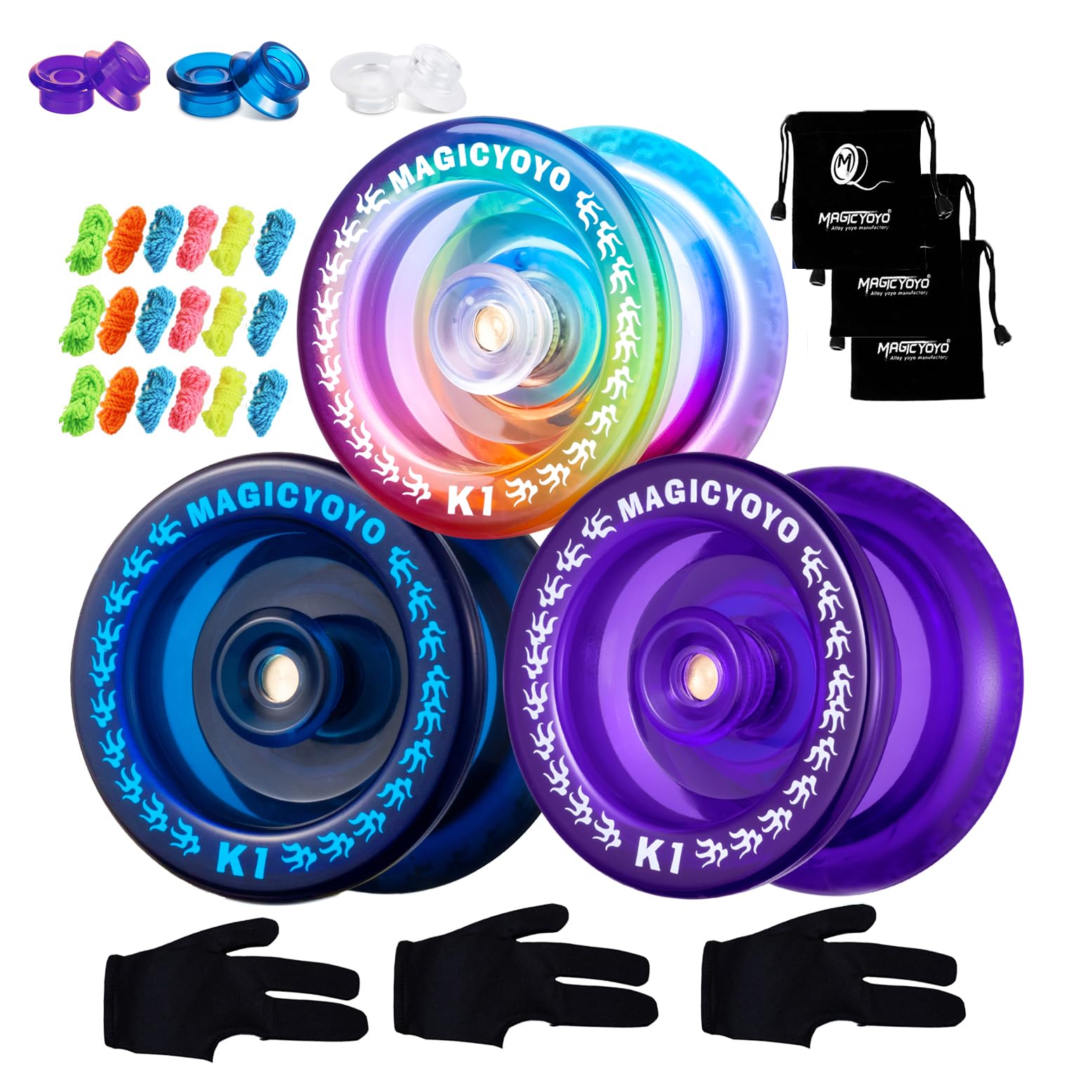 JoJo K1-Plus 3 Pack Yoyos, Attractive Yo-Yo for Kids Beginners, Plastic Yo-Yo Ease of Use Finger Spin Yo-Yo Trick, 3 Yo-Yo Pockets, 18 Yo-Yo Strings (Blue + Purple + Blue Pink Yellow)