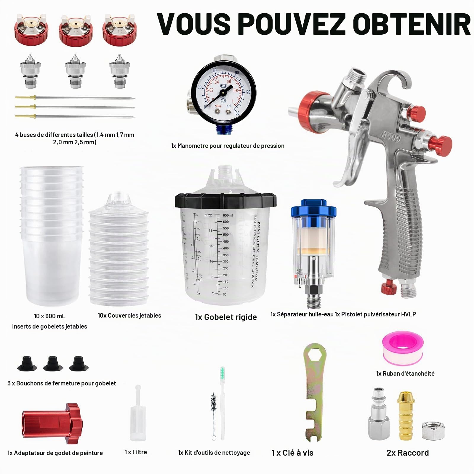 R500 LVLP Pistolet de pulvérisation d'air comprimé avec Buses de 1,3/1,7/2,0 mm, 20 oz (650 ML) Lot de 10 gobelets jetables pour Pistolet à Peinture pour Voitures et Maisons