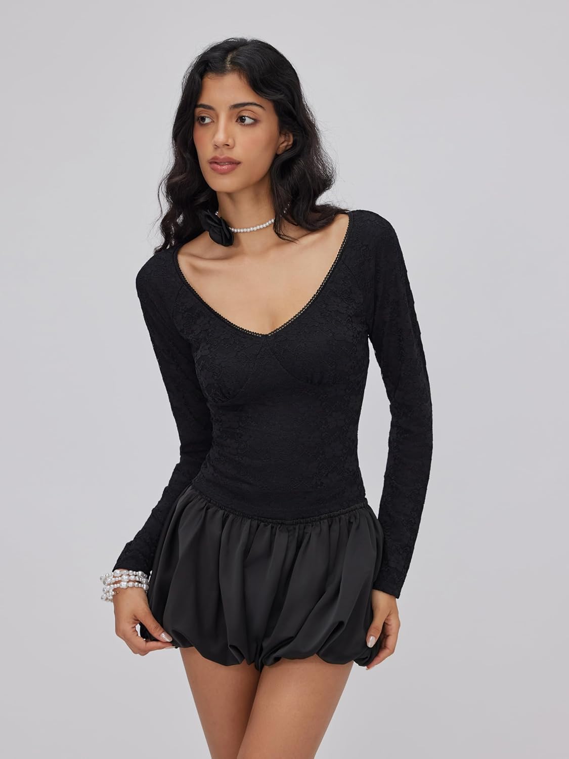 CIDER Women Lace Long Sleeve Top V Neck Slim Fit Basic Top Going Out Fall Winter Outfit - Image 3