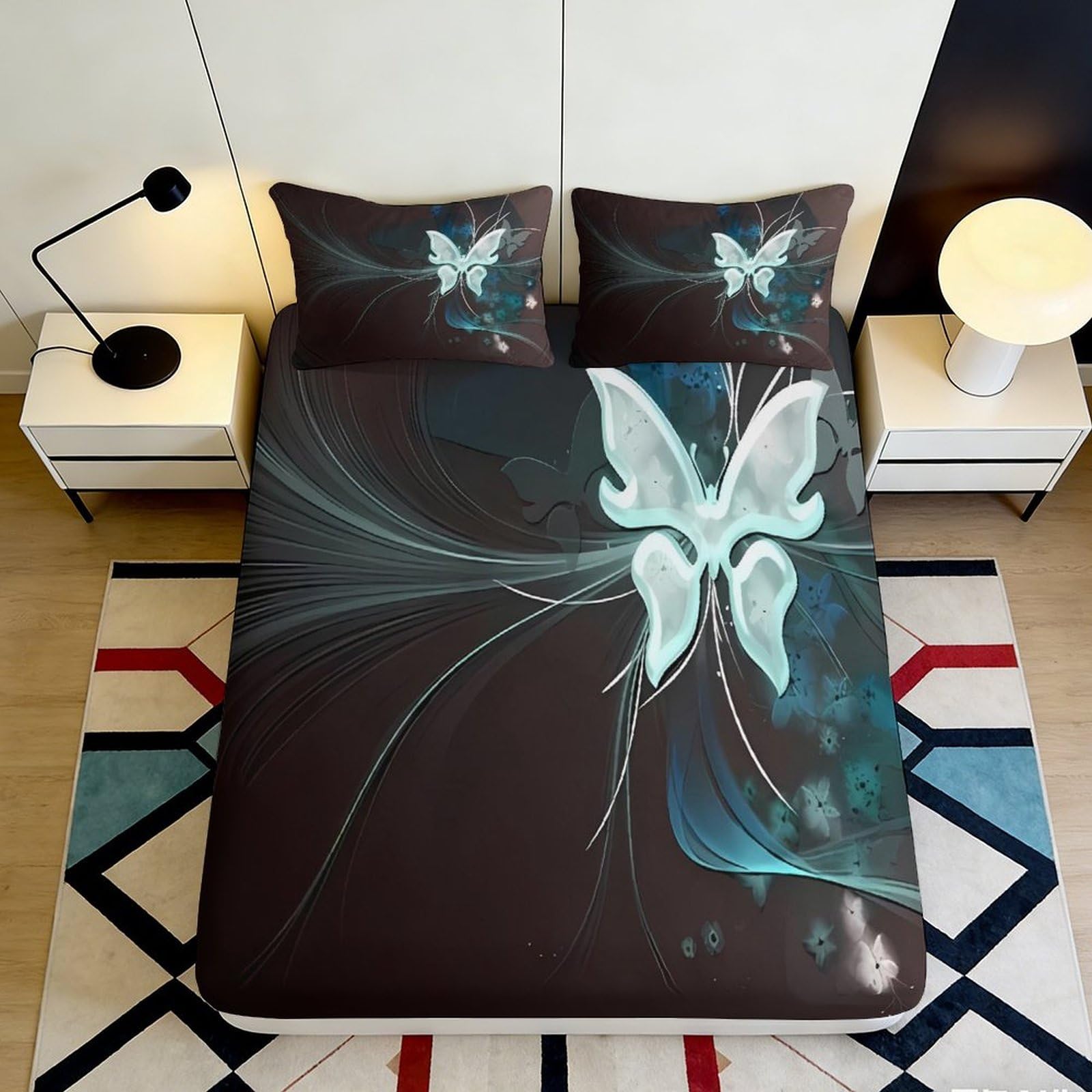 Jqzkxnhpbr Style-4 3D Printed Butterfly Dream Fitted Sheet Microfiber Soft Black Blue Artistic Mattress Cover For Bedroom Dorm Apartment Decor 90X200x25cm
