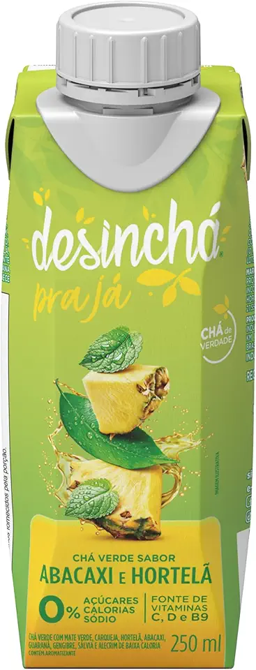Desinchá Chá Verde com Abacaxi e Hortelã 250ml, Com Mate Verde, Guaraná, Gengibre e Ervas Naturais, Baixa Caloria, Bebida Funcional e Refrescante