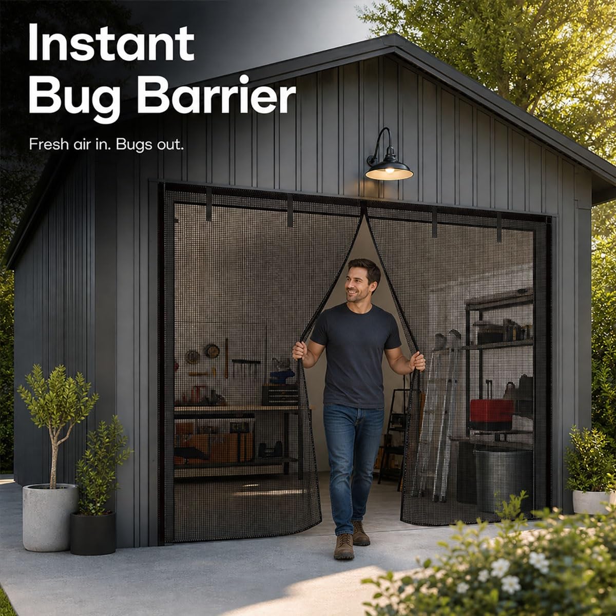 Verstärkte Glasfaser Garagentorgitter, Magnetische Insektenschutz Fliegengittertür mit Klettbändern, Automatisches Schließen Moskitonetz, für Garage Veranda Ohne Bohren(Schwarz,330x230cm)