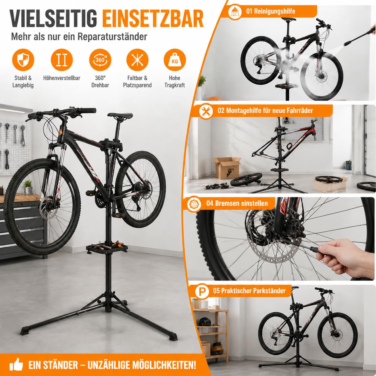 TEOV Fahrrad Montageständer Aluminium, Belastbarkeit 50kg & 360° drehbar, 100-160cm höhenverstellbar, klappbarer Profi-Reparaturständer mit Werkzeugtasche für Ø 2.5~5 cm E-Bike Mountainbike Citybike