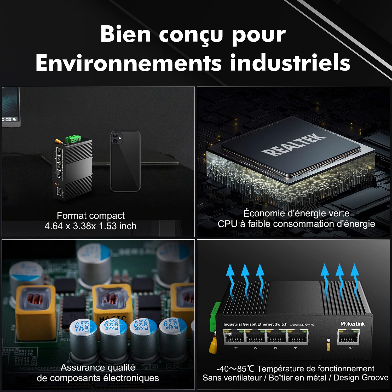 mokerlink 5 Ports Gigabit Ethernet Switch Industriel sur Rail DIN, Capacité de Commutation de 14 Gbit/s, Commutateur Réseau Non Géré Classé IP40 (-40 à 185°F), avec Alimentation