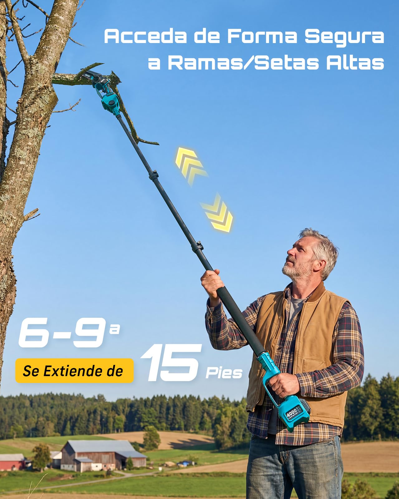 SEESII 6-en-1 Mini Motosierra y Cortasetos a Batería, con 2 * 4000mAh Baterías, Motosierra Electrica con Pértiga Telescópica, Alcance Máximo de hasta 4,57 m, con 30 ml Tanque de Aceite